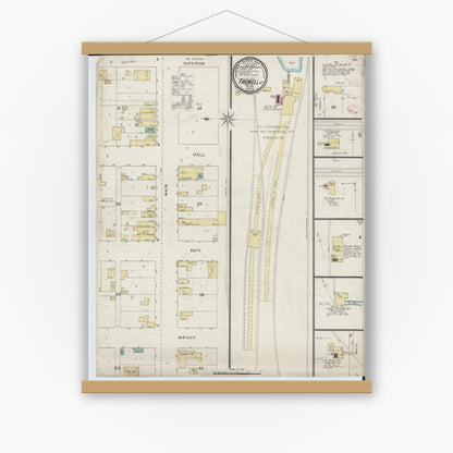 Old map wall art mockup — magnetic wood frame on white wall — Sanborn Fire Insurance Map from Farwell, Clare County, Michigan (1894), Sheet #0001