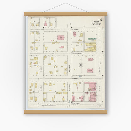 Old map wall art mockup — magnetic wood frame on white wall — Sanborn Fire Insurance Map from Celina, Mercer County, Ohio (1895), Sheet #0002