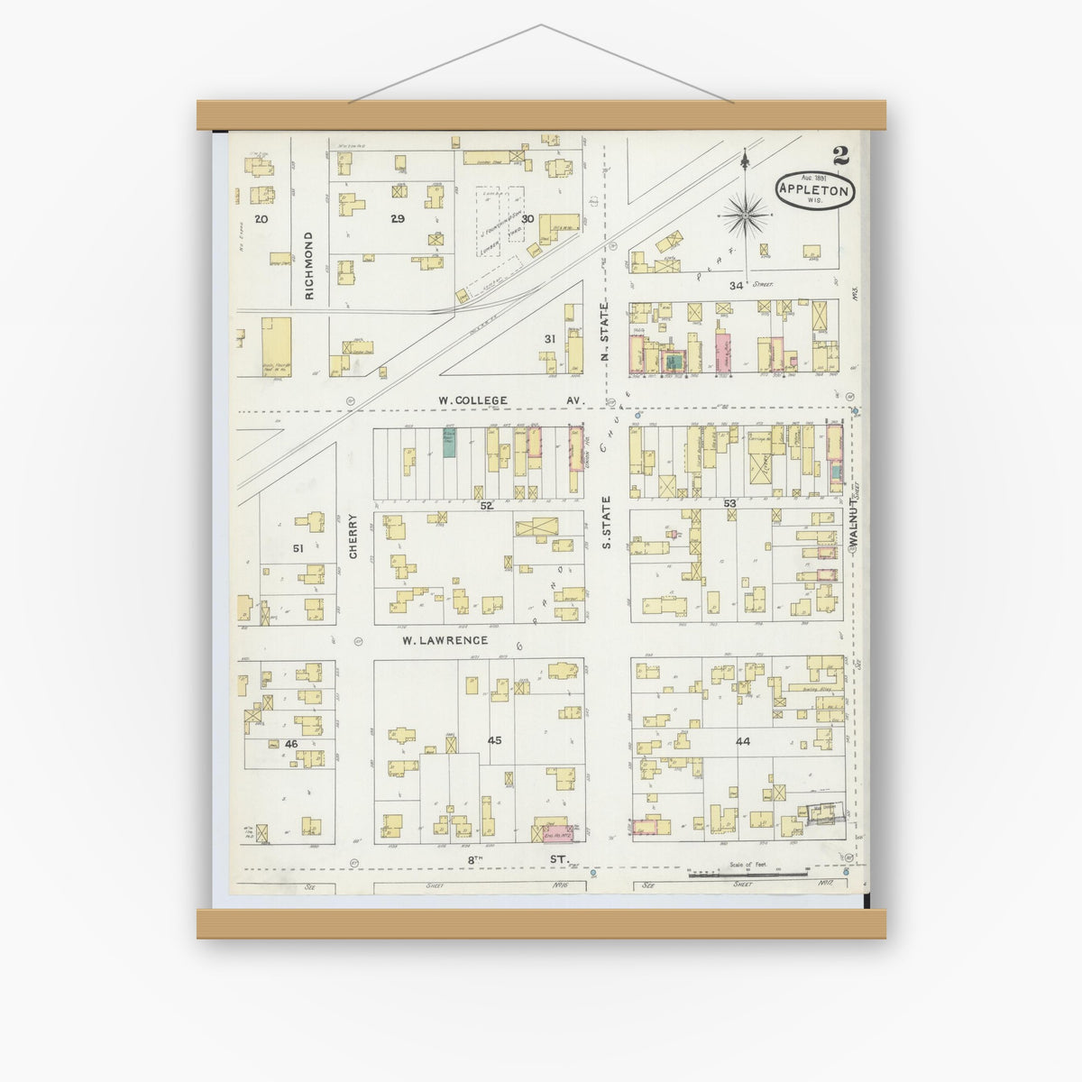 Old map wall art mockup — magnetic wood frame on white wall — Sanborn Fire Insurance Map from Appleton, Outagamie County, Wisconsin (1891), Sheet #0002