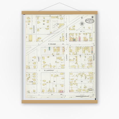 Old map wall art mockup — magnetic wood frame on white wall — Sanborn Fire Insurance Map from Appleton, Outagamie County, Wisconsin (1891), Sheet #0002