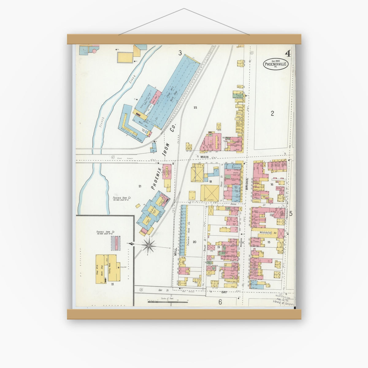 Old map wall art mockup — magnetic wood frame on white wall — Sanborn Fire Insurance Map from Phoenixville, Chester County, Pennsylvania (1900), Sheet #0004