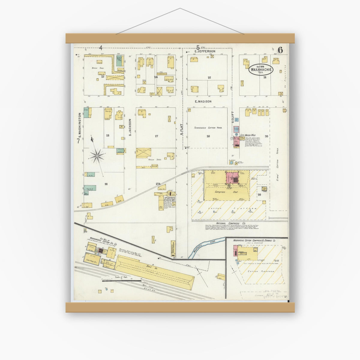 Old map wall art mockup — magnetic wood frame on white wall — Sanborn Fire Insurance Map from Waxahachie, Ellis County, Texas (1898), Sheet #0006