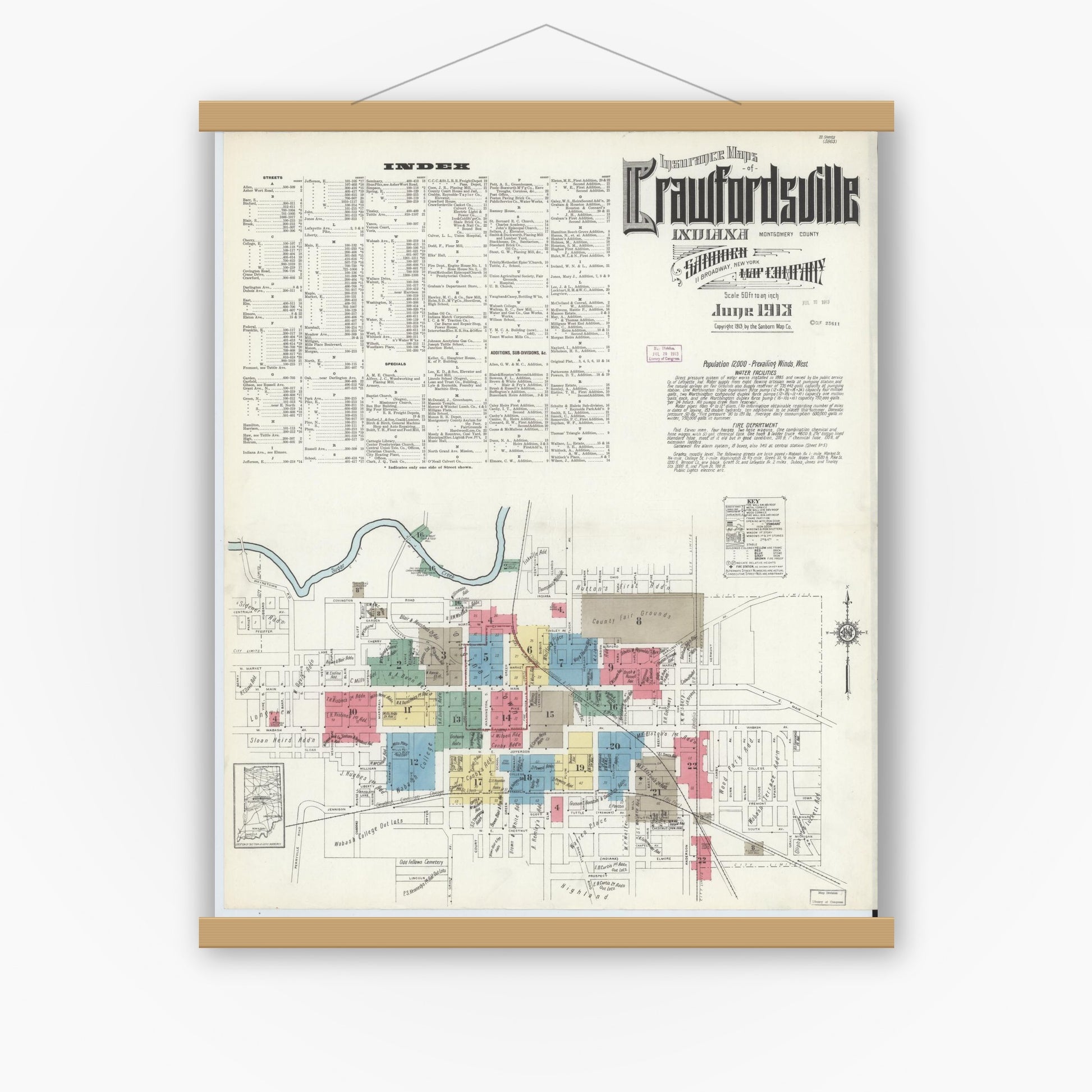 Old map wall art mockup — magnetic wood frame on white wall — Sanborn Fire Insurance Map from Crawfordsville, Montgomery County, Indiana (1913) - Complete Map Set