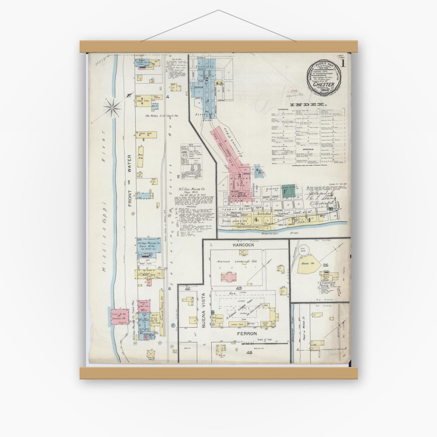 Old map wall art mockup — magnetic wood frame on white wall — Sanborn Fire Insurance Map from Chester, Randolph County, Illinois (1886) - Complete Map Set