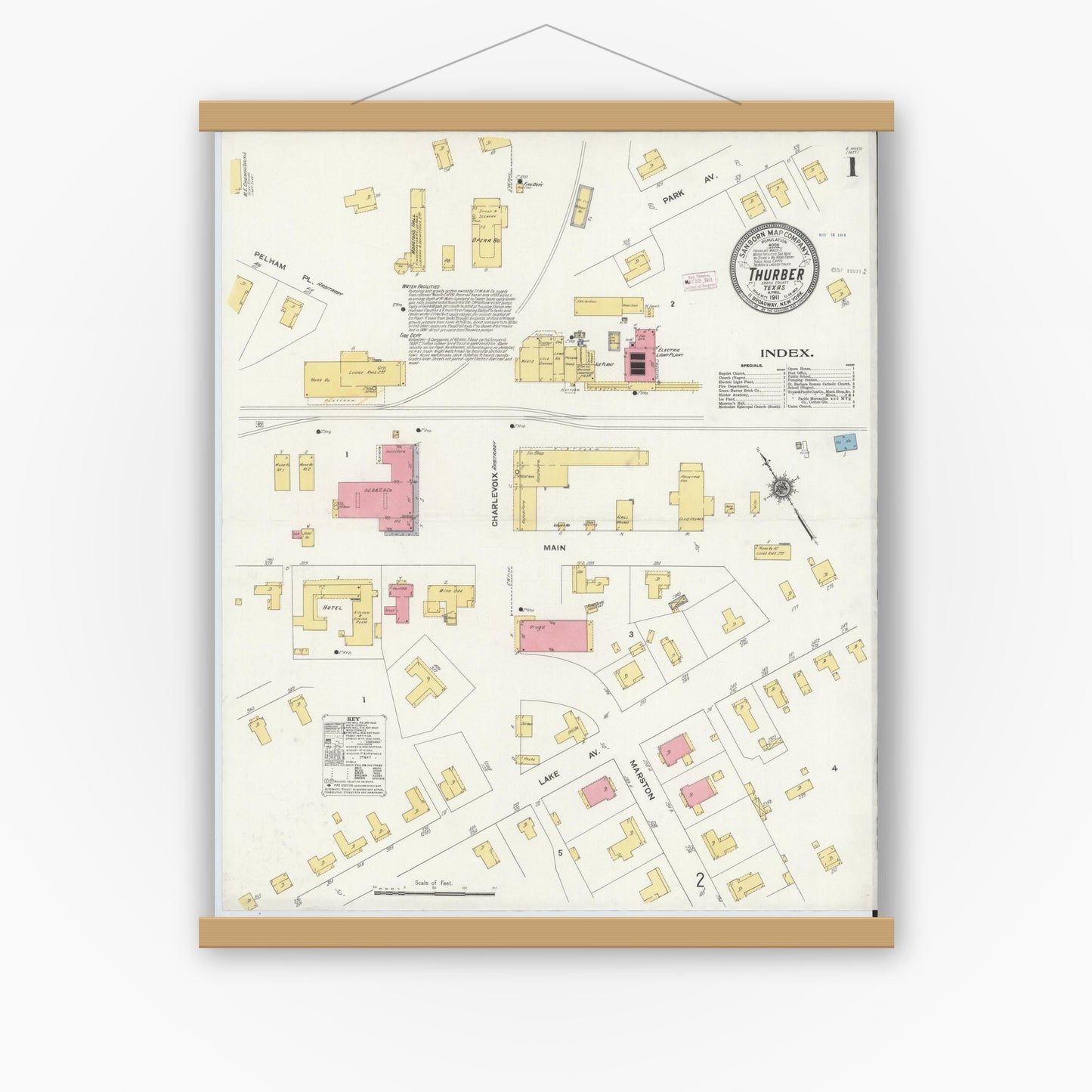 Old map wall art mockup — magnetic wood frame on white wall — Sanborn Fire Insurance Map from Thurber, Erath County, Texas (1911), Sheet #0001