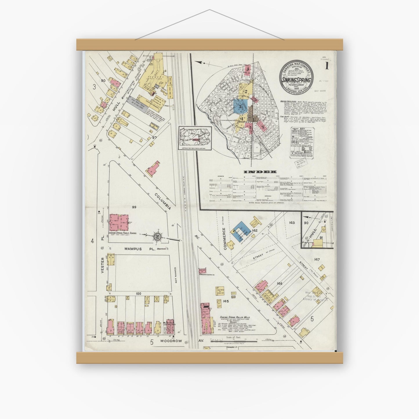 Old map wall art mockup — magnetic wood frame on white wall — Sanborn Fire Insurance Map from Sinking Spring, Berks County, Pennsylvania (1920), Sheet #0001