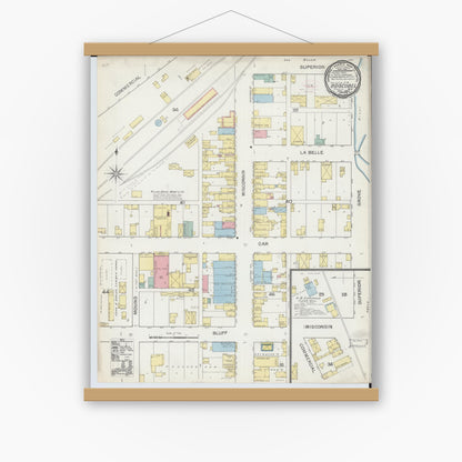 Old map wall art mockup — magnetic wood frame on white wall — Sanborn Fire Insurance Map from Boscobel, Grant County, Wisconsin (1892), Sheet #0001