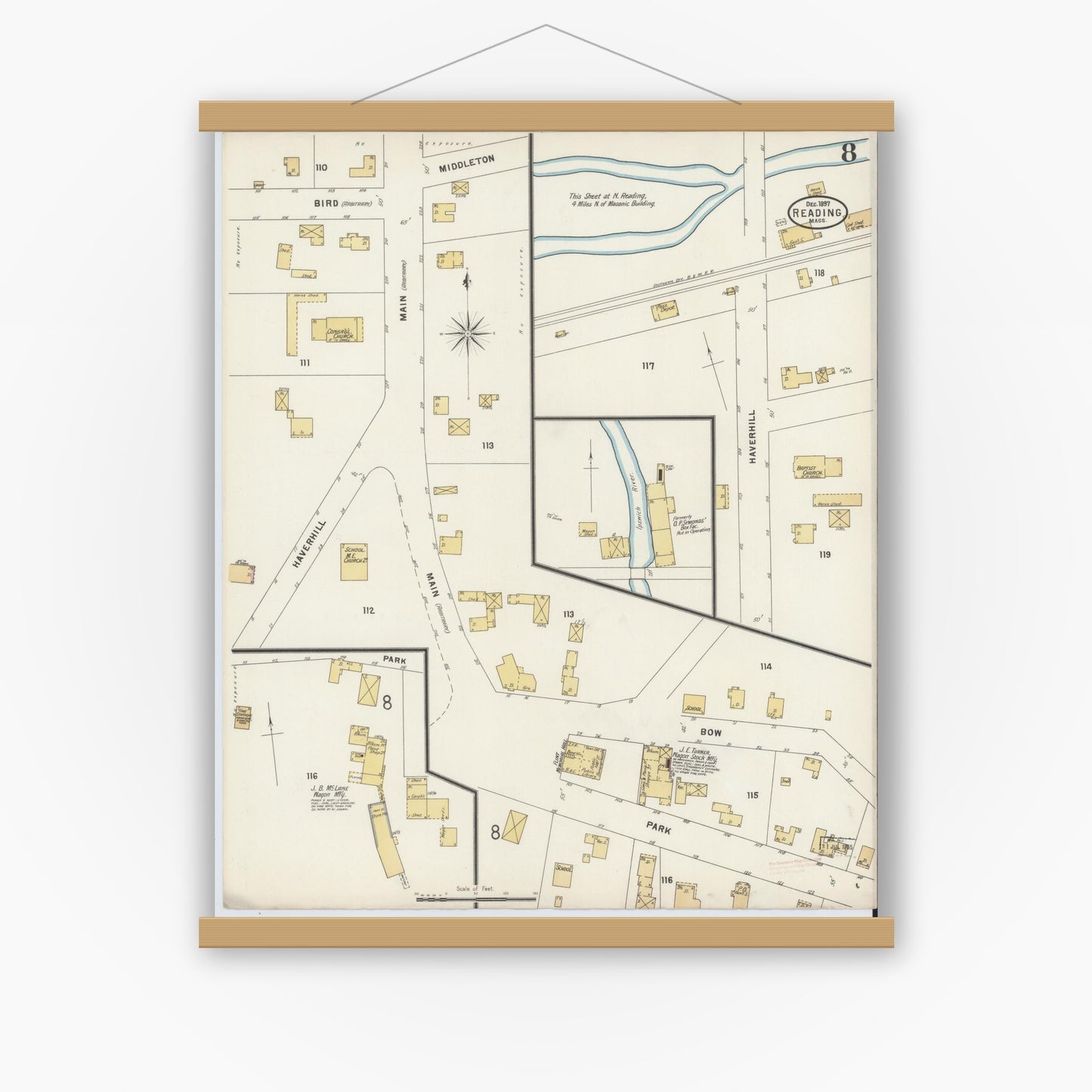 Old map wall art mockup — magnetic wood frame on white wall — Sanborn Fire Insurance Map from Reading, Middlesex County, Massachusetts (1897), Sheet #0008
