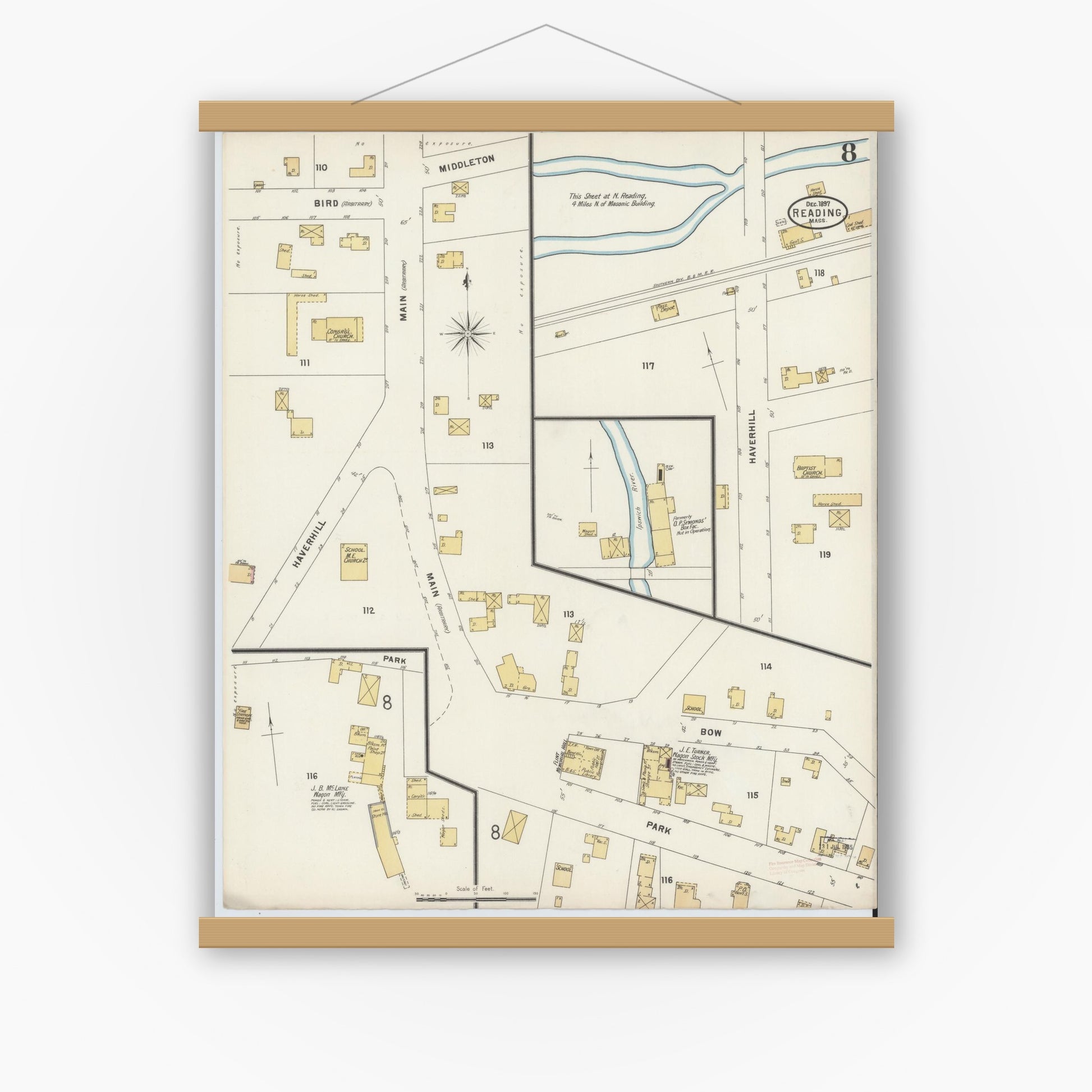 Old map wall art mockup — magnetic wood frame on white wall — Sanborn Fire Insurance Map from Reading, Middlesex County, Massachusetts (1897), Sheet #0008