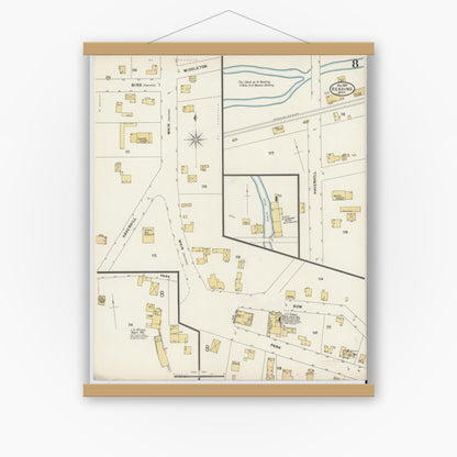 Old map wall art mockup — magnetic wood frame on white wall — Sanborn Fire Insurance Map from Reading, Middlesex County, Massachusetts (1897), Sheet #0008