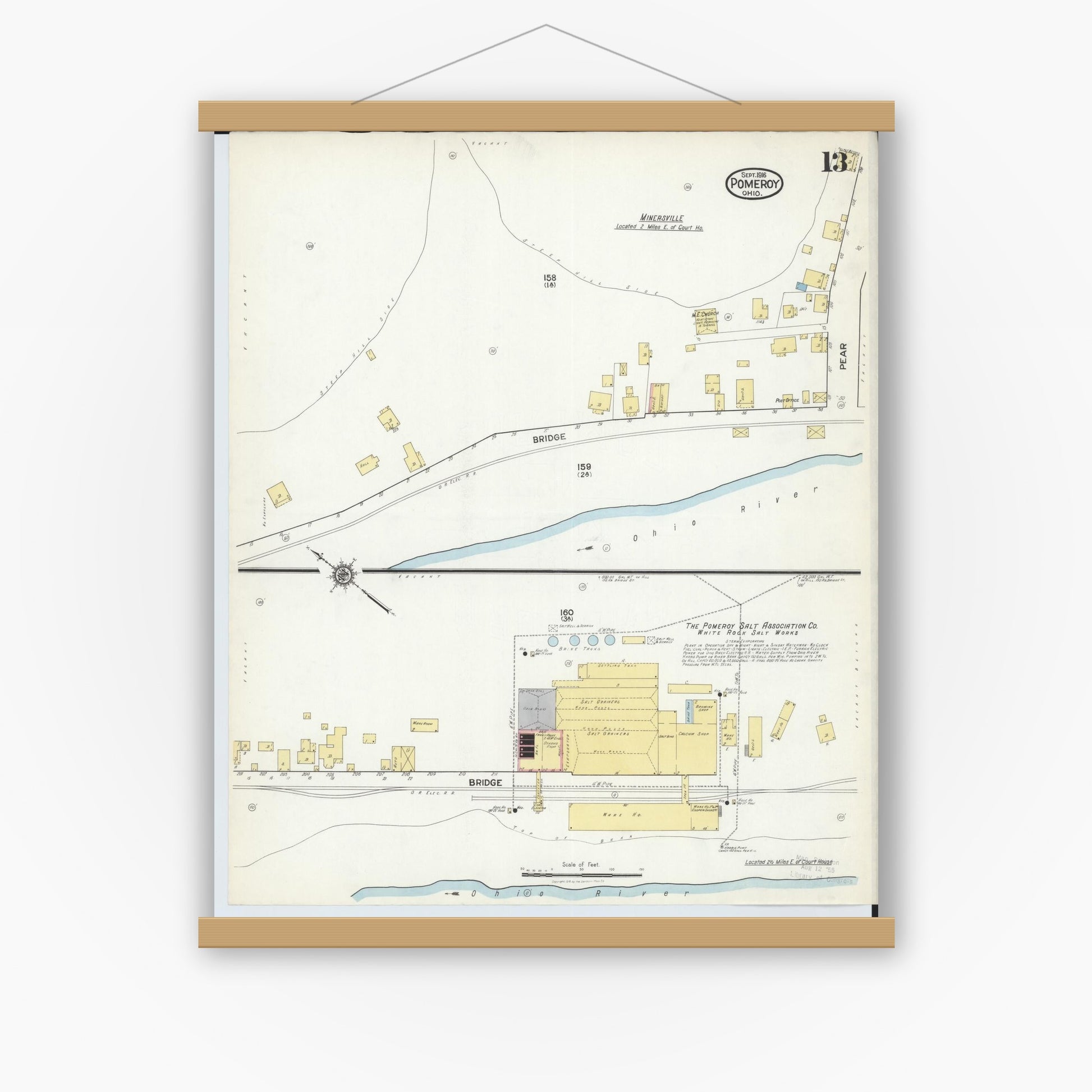 Old map wall art mockup — magnetic wood frame on white wall — Sanborn Fire Insurance Map from Pomeroy, Meigs County, Ohio (1916), Sheet #0013