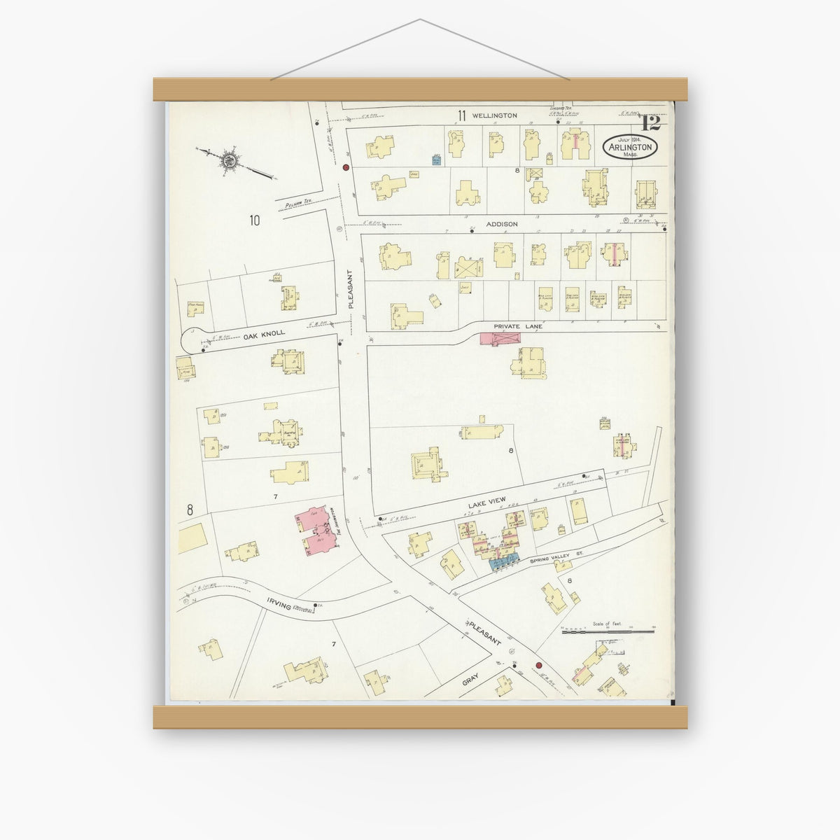 Old map wall art mockup — magnetic wood frame on white wall — Sanborn Fire Insurance Map from Arlington, Middlesex County, Massachusetts (1914), Sheet #0012