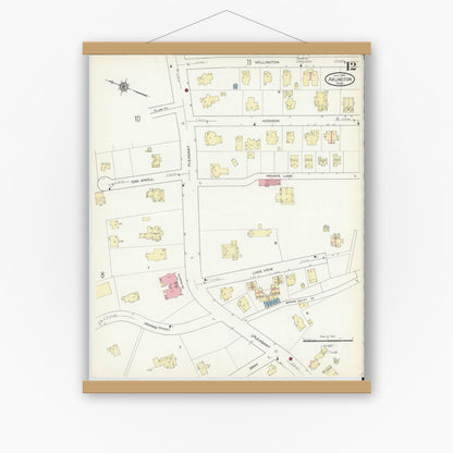 Old map wall art mockup — magnetic wood frame on white wall — Sanborn Fire Insurance Map from Arlington, Middlesex County, Massachusetts (1914), Sheet #0012