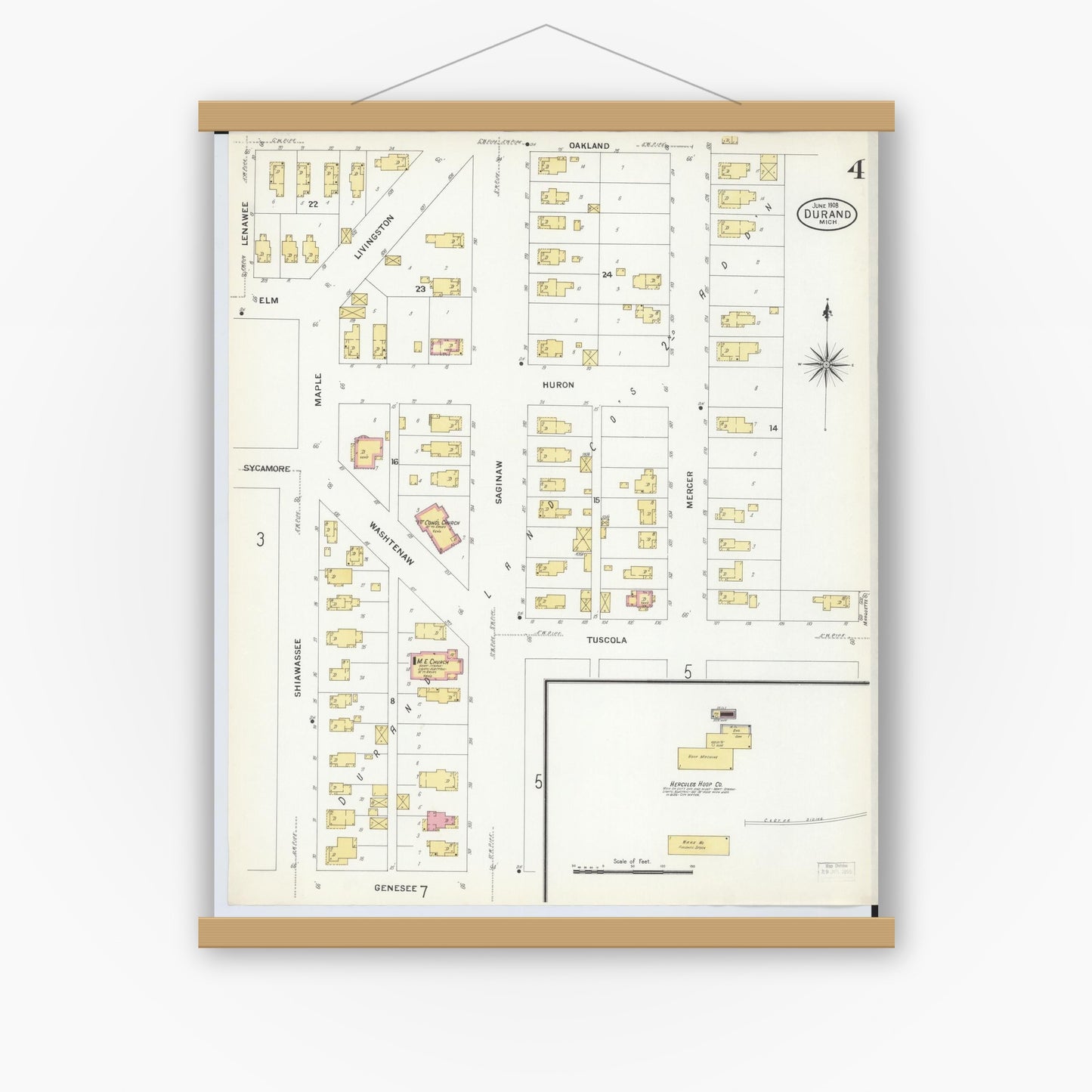 Old map wall art mockup — magnetic wood frame on white wall — Sanborn Fire Insurance Map from Durand, Shiawassee County, Michigan (1908), Sheet #0004