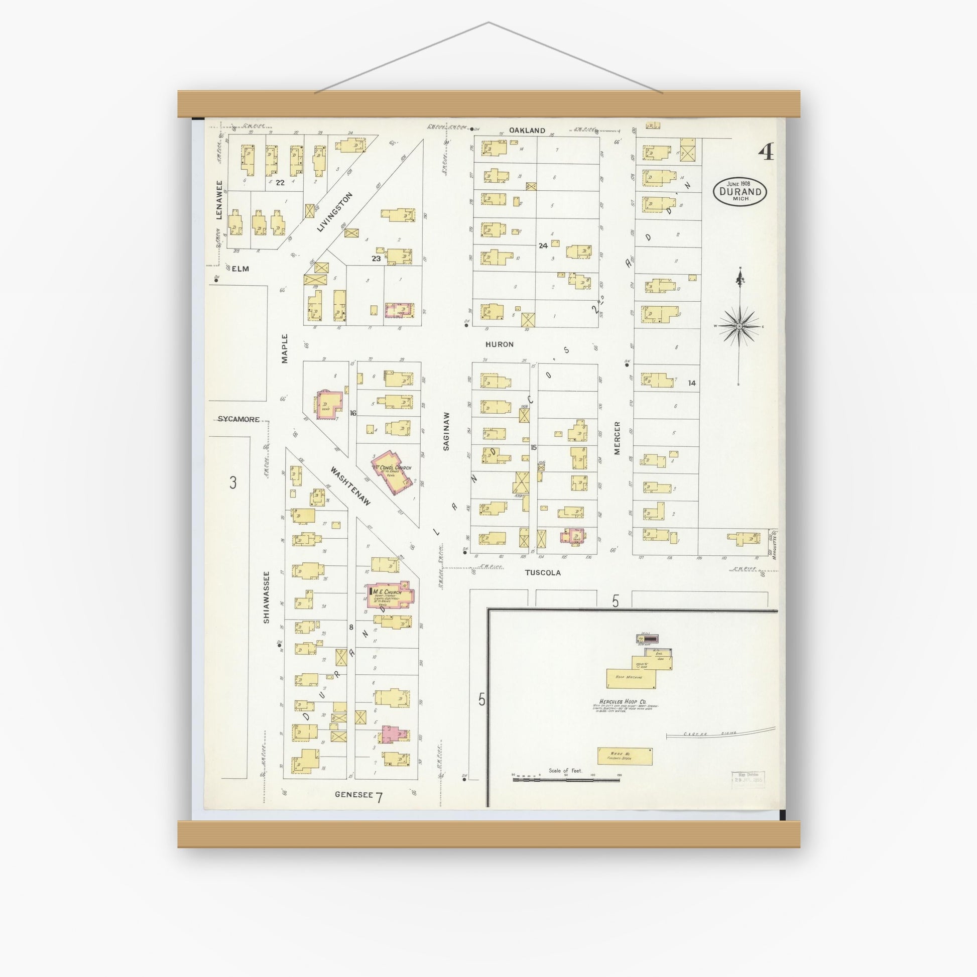 Old map wall art mockup — magnetic wood frame on white wall — Sanborn Fire Insurance Map from Durand, Shiawassee County, Michigan (1908), Sheet #0004