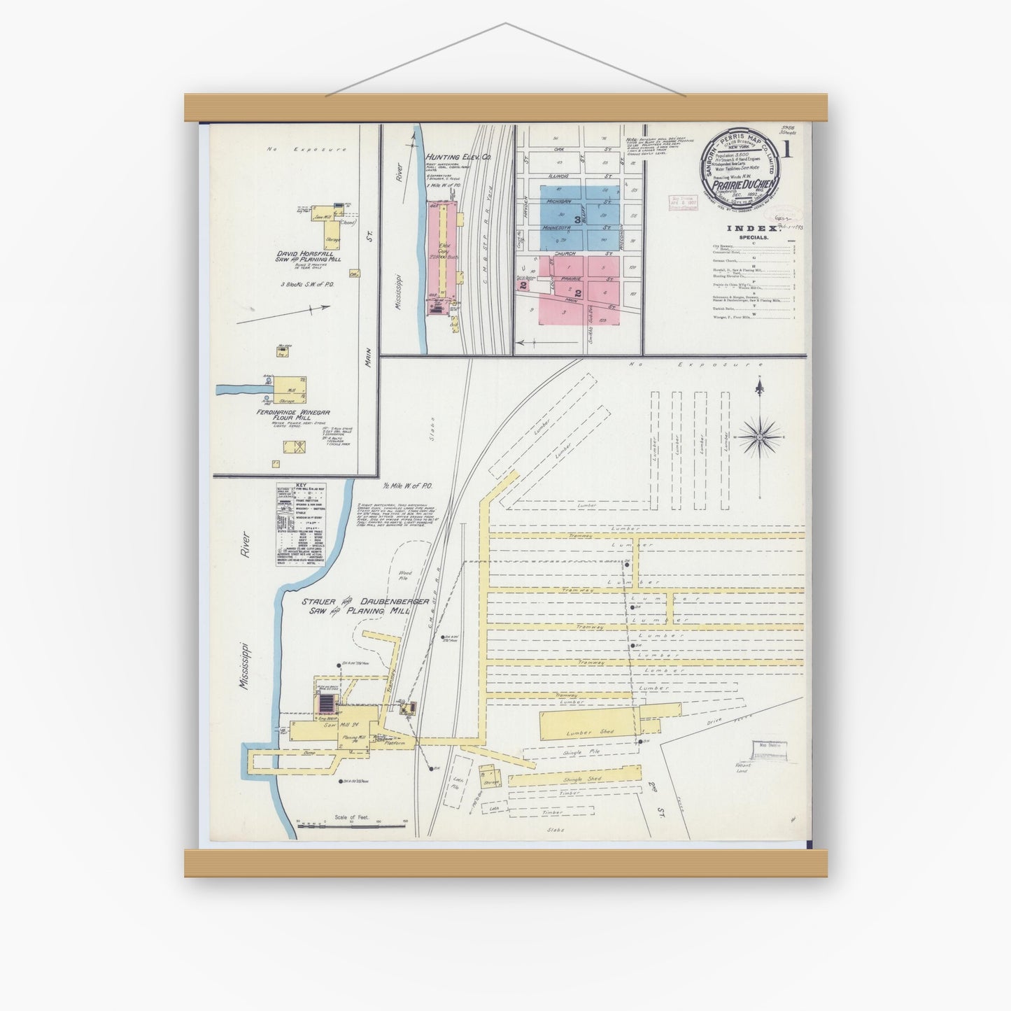 Old map wall art mockup — magnetic wood frame on white wall — Sanborn Fire Insurance Map from Prairie du Chien, Crawford County, Wisconsin (1892) - Complete Map Set
