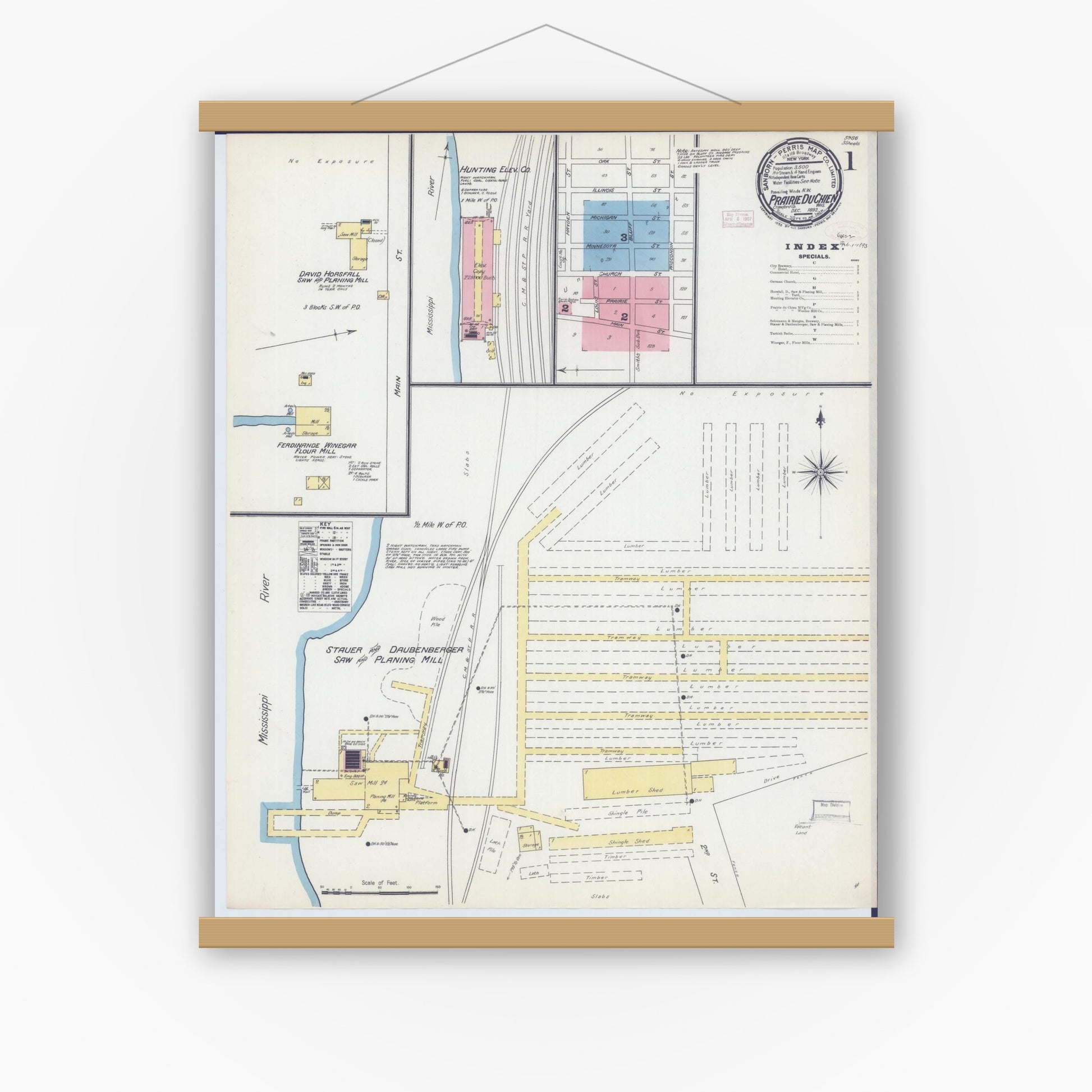 Old map wall art mockup — magnetic wood frame on white wall — Sanborn Fire Insurance Map from Prairie du Chien, Crawford County, Wisconsin (1892) - Complete Map Set