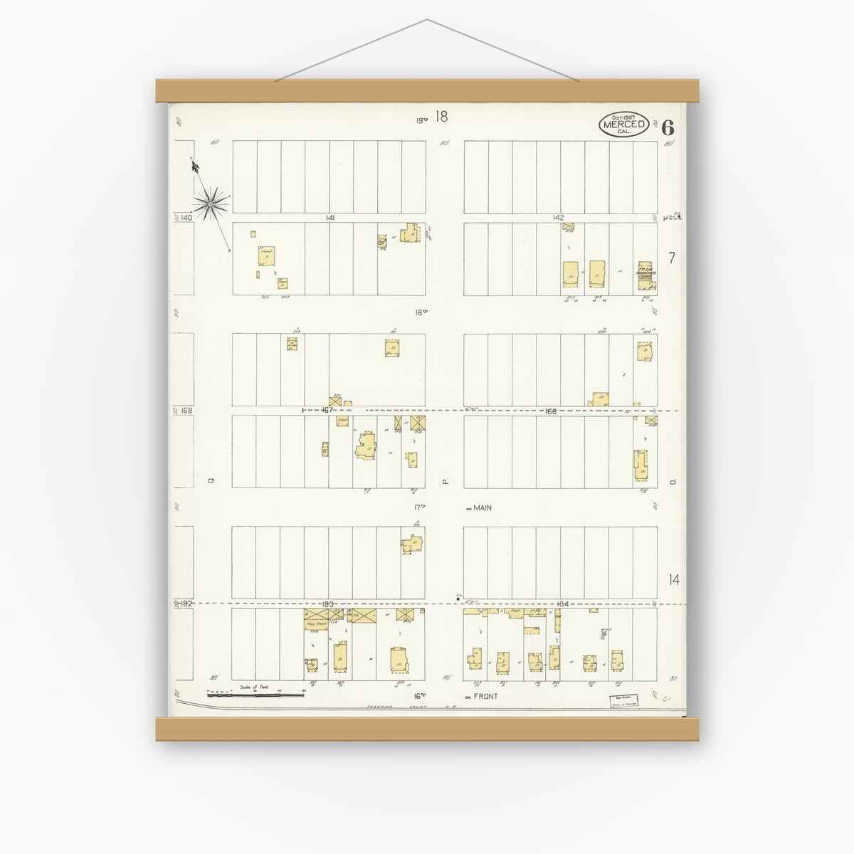 Old map wall art mockup — magnetic wood frame on white wall — Sanborn Fire Insurance Map from Merced, Merced County, California (1907), Sheet #0006