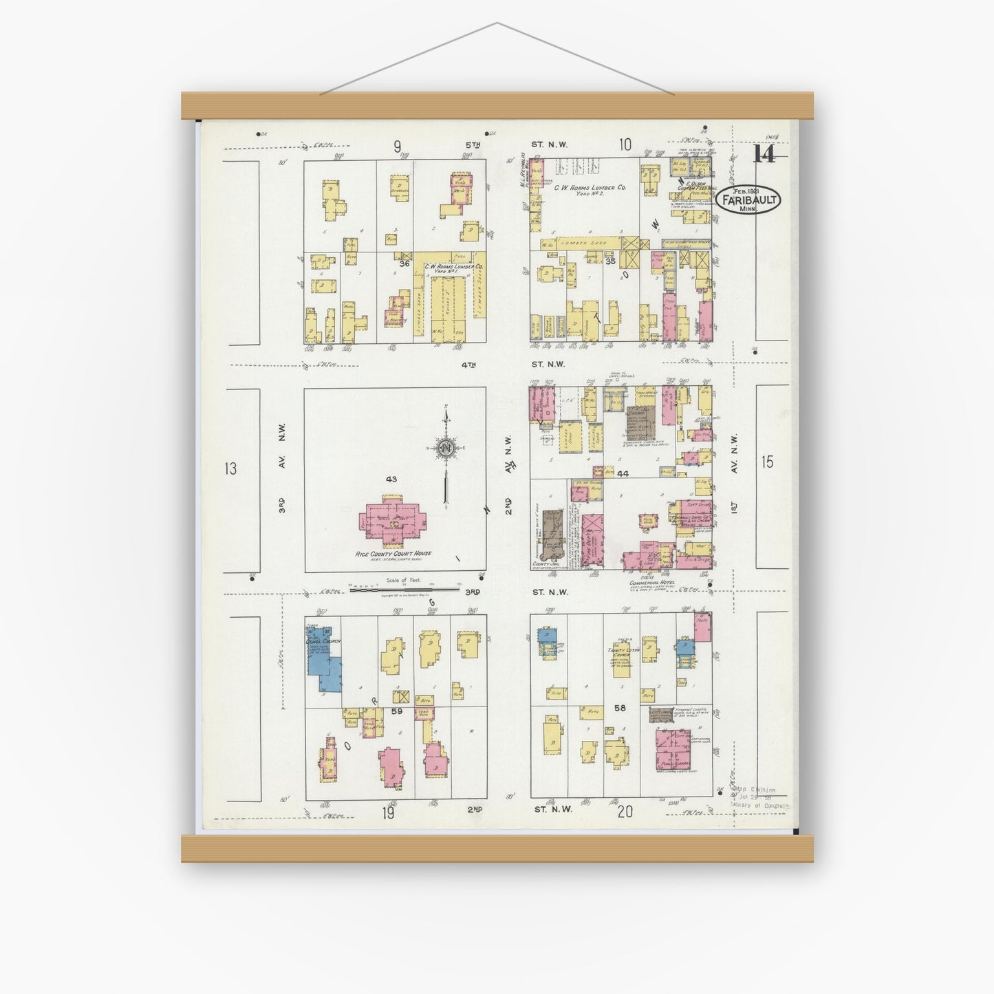 Old map wall art mockup — magnetic wood frame on white wall — Sanborn Fire Insurance Map from Faribault, Rice County, Minnesota (1921), Sheet #0014