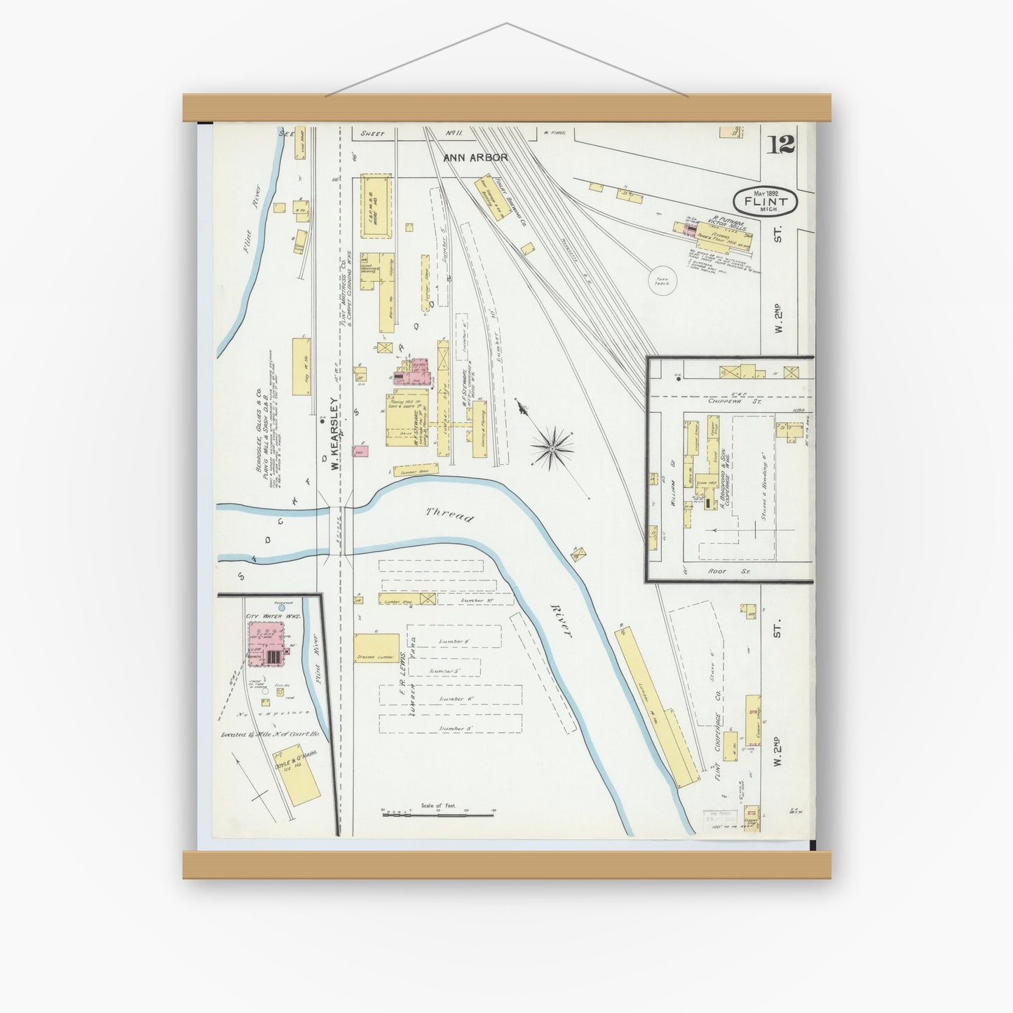 Old map wall art mockup — magnetic wood frame on white wall — Sanborn Fire Insurance Map from Flint, Genesee County, Michigan (1892), Sheet #0012