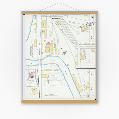 Old map wall art mockup — magnetic wood frame on white wall — Sanborn Fire Insurance Map from Flint, Genesee County, Michigan (1892), Sheet #0012