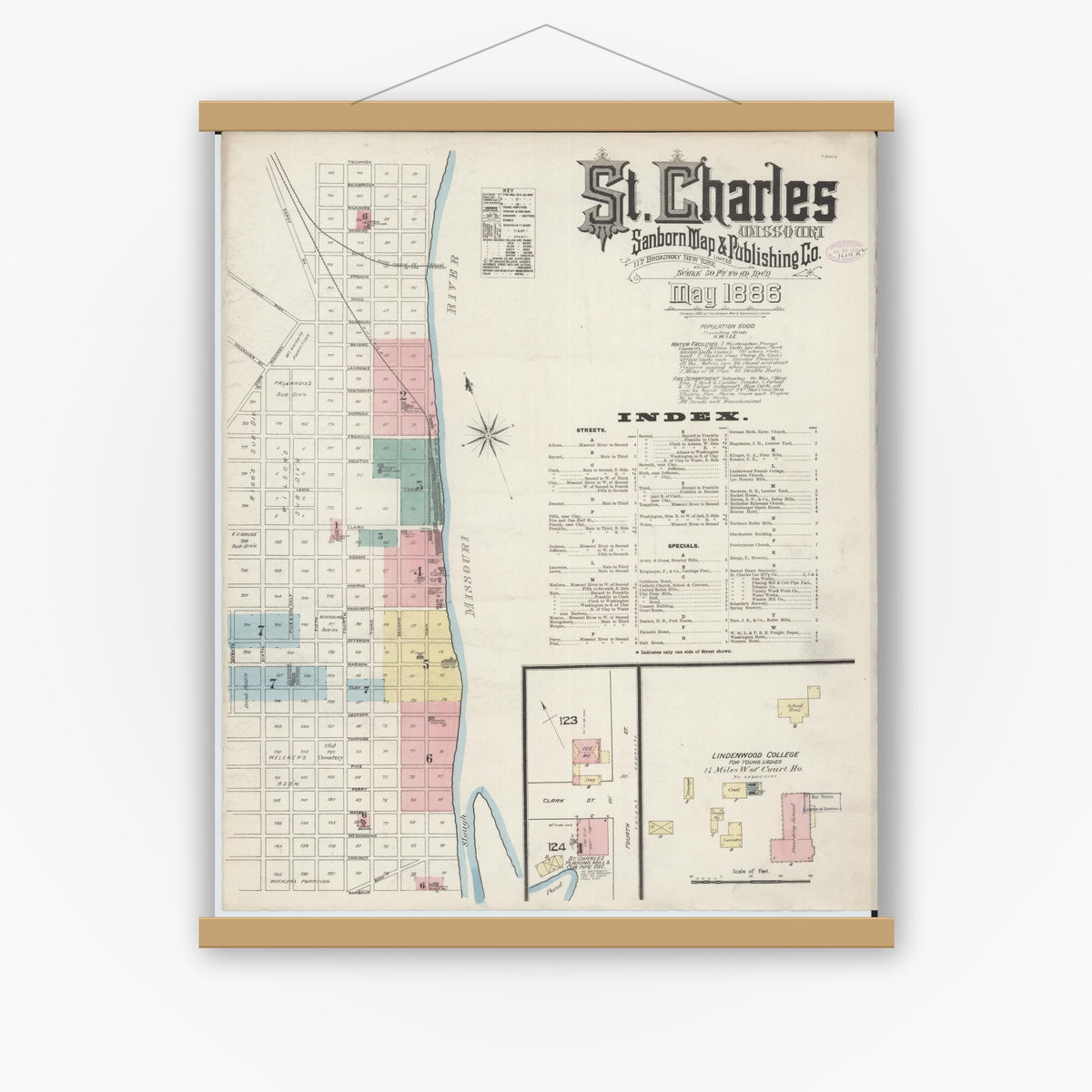 Old map wall art mockup — magnetic wood frame on white wall — Sanborn Fire Insurance Map from Saint Charles, Saint Charles County, Missouri (1886) - Complete Map Set