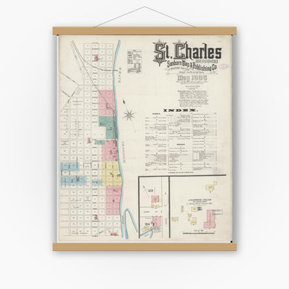 Old map wall art mockup — magnetic wood frame on white wall — Sanborn Fire Insurance Map from Saint Charles, Saint Charles County, Missouri (1886) - Complete Map Set