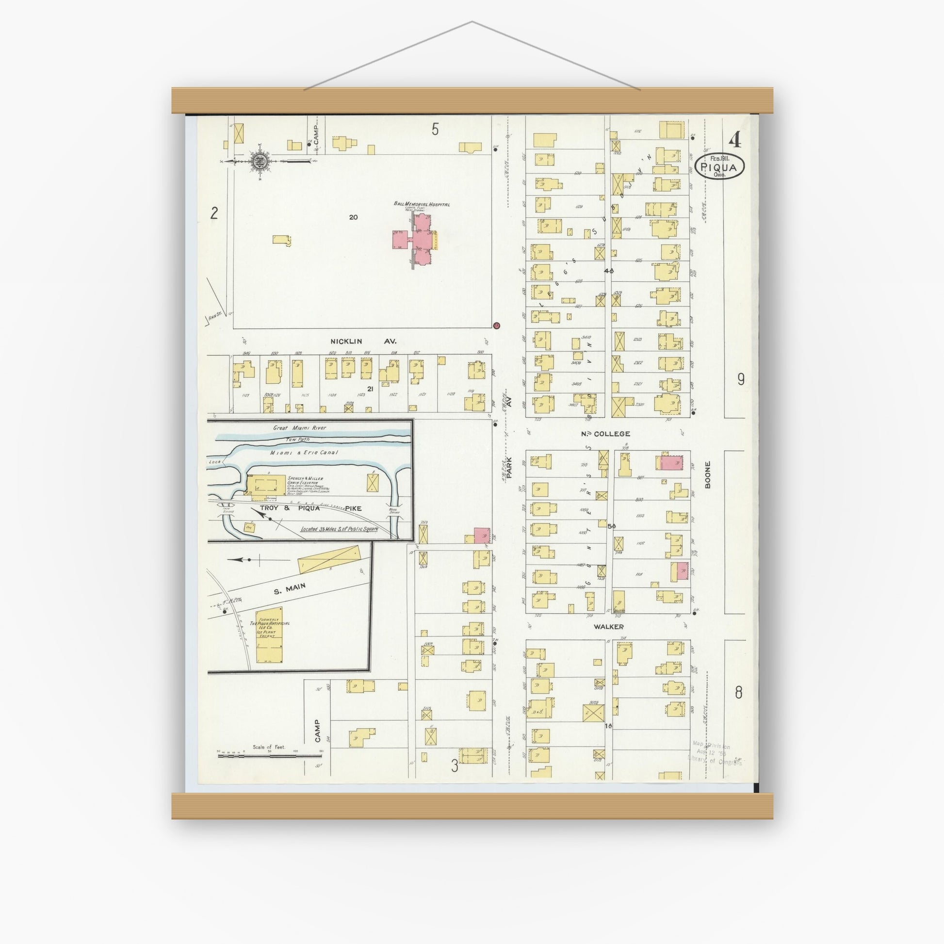 Old map wall art mockup — magnetic wood frame on white wall — Sanborn Fire Insurance Map from Piqua, Miami County, Ohio (1911), Sheet #0004