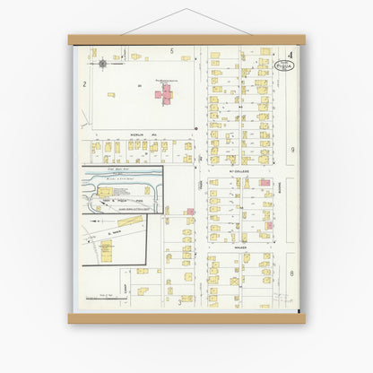 Old map wall art mockup — magnetic wood frame on white wall — Sanborn Fire Insurance Map from Piqua, Miami County, Ohio (1911), Sheet #0004