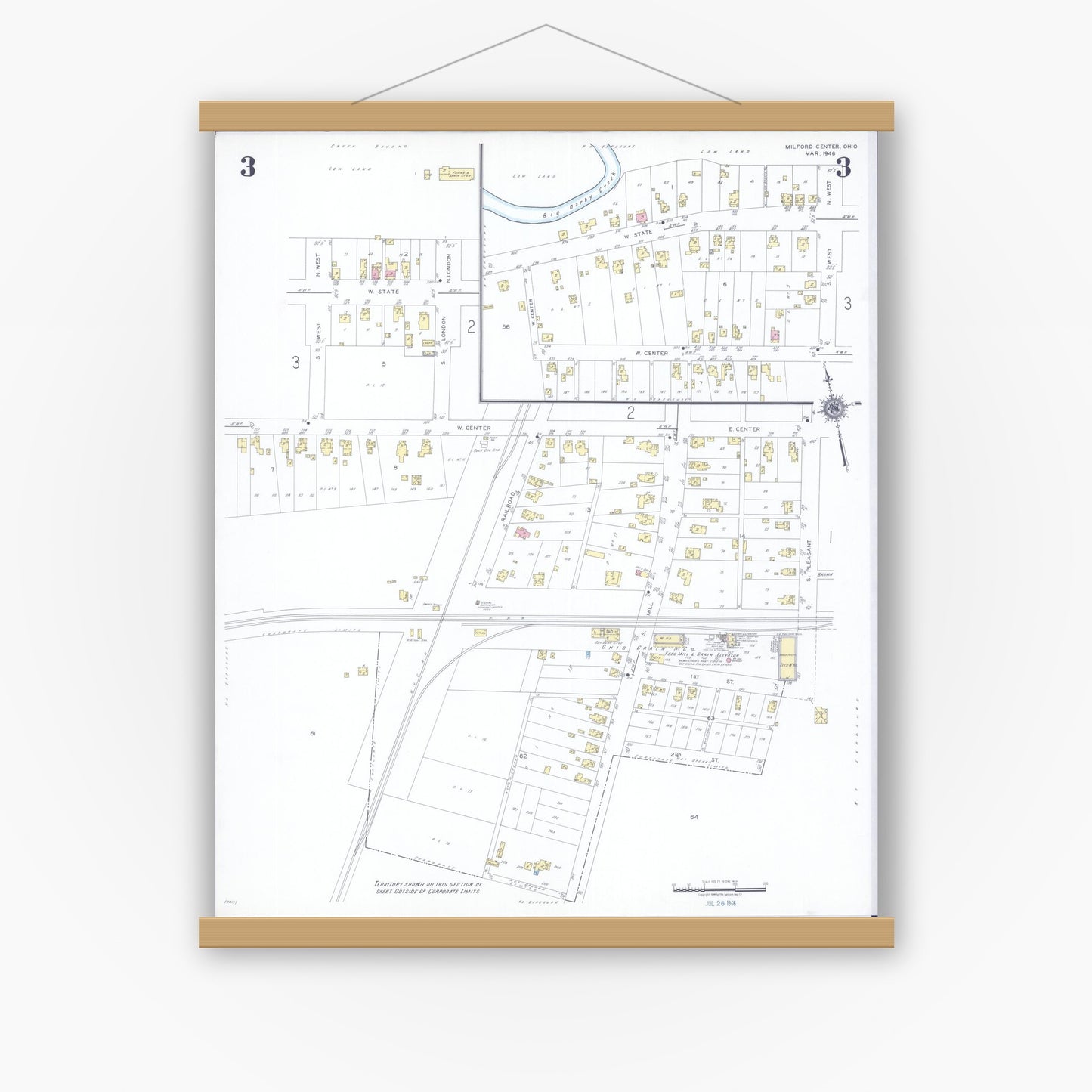 Old map wall art mockup — magnetic wood frame on white wall — Sanborn Fire Insurance Map from Milford Center, Union County, Ohio (1946), Sheet #0003