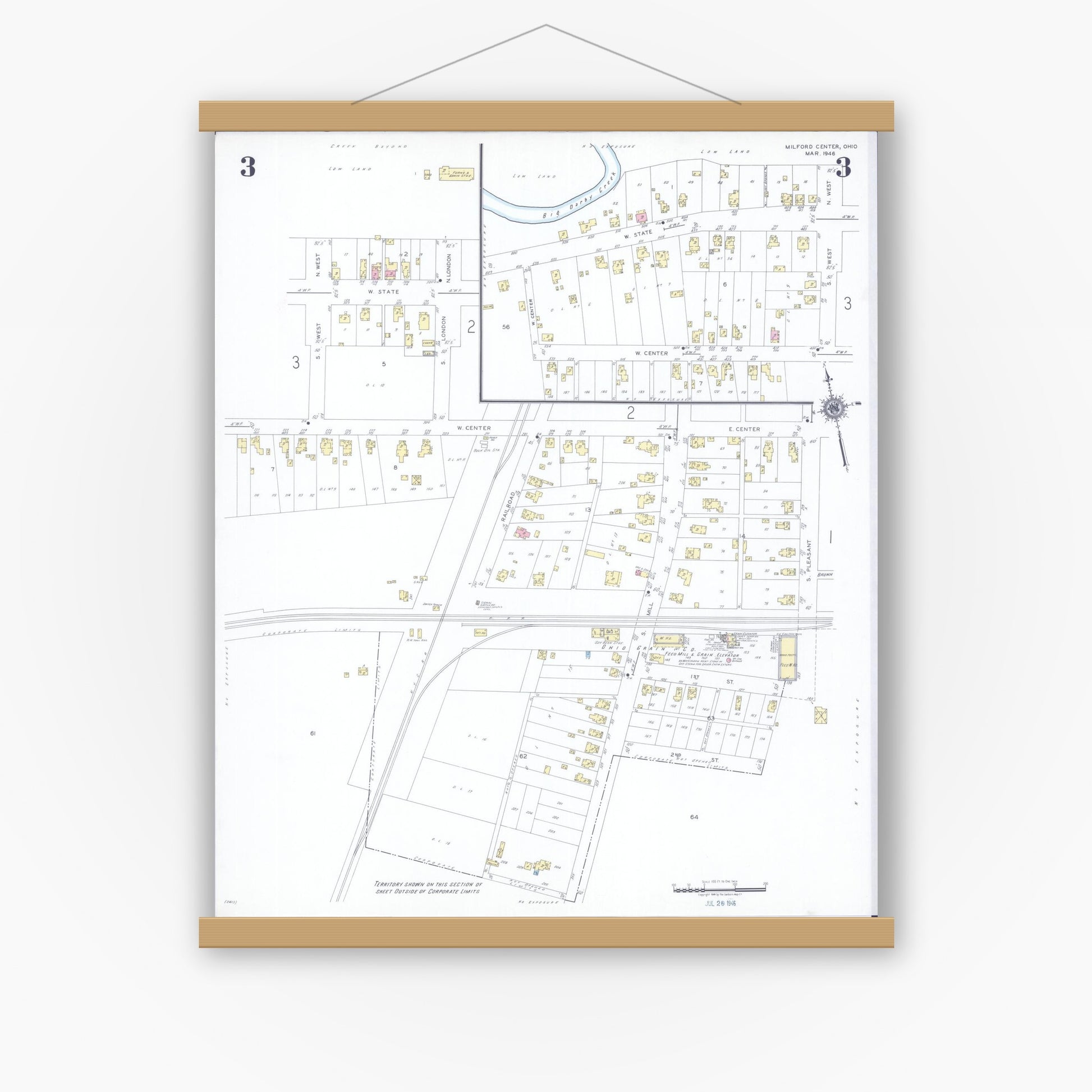 Old map wall art mockup — magnetic wood frame on white wall — Sanborn Fire Insurance Map from Milford Center, Union County, Ohio (1946), Sheet #0003