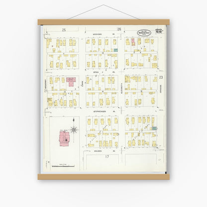 Old map wall art mockup — magnetic wood frame on white wall — Sanborn Fire Insurance Map from Menominee, Menominee County, Michigan (1907), Sheet #0022