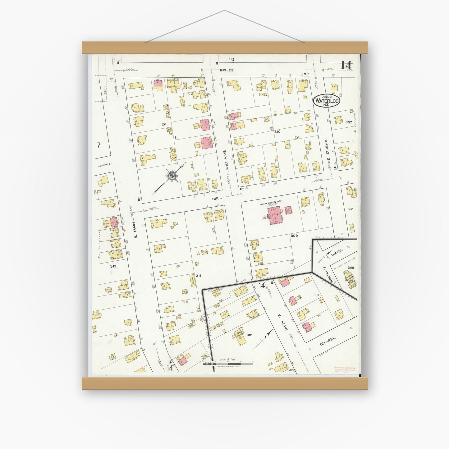 Old map wall art mockup — magnetic wood frame on white wall — Sanborn Fire Insurance Map from Waterloo, Seneca County, New York (1918), Sheet #0014