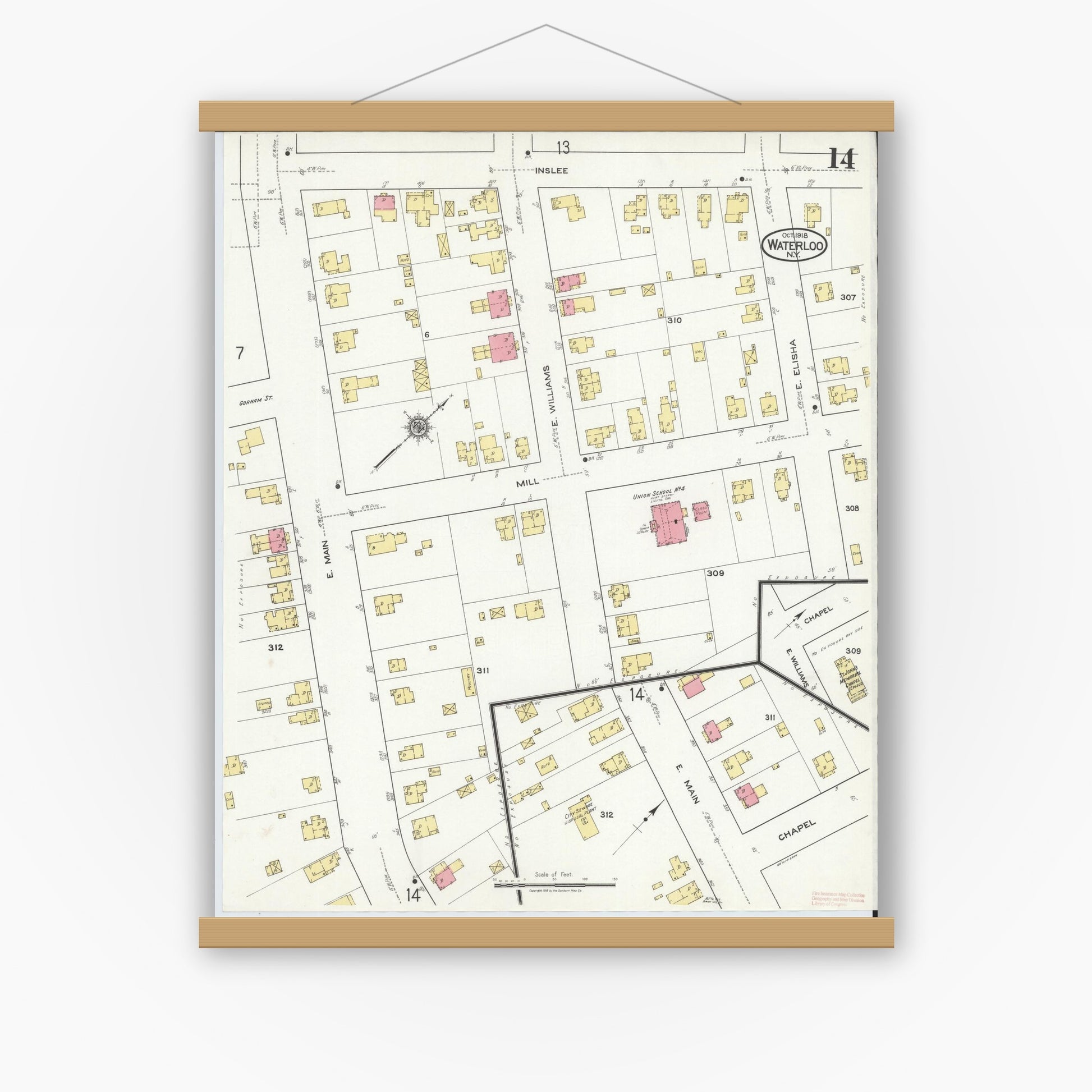 Old map wall art mockup — magnetic wood frame on white wall — Sanborn Fire Insurance Map from Waterloo, Seneca County, New York (1918), Sheet #0014