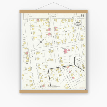 Old map wall art mockup — magnetic wood frame on white wall — Sanborn Fire Insurance Map from Waterloo, Seneca County, New York (1918), Sheet #0014