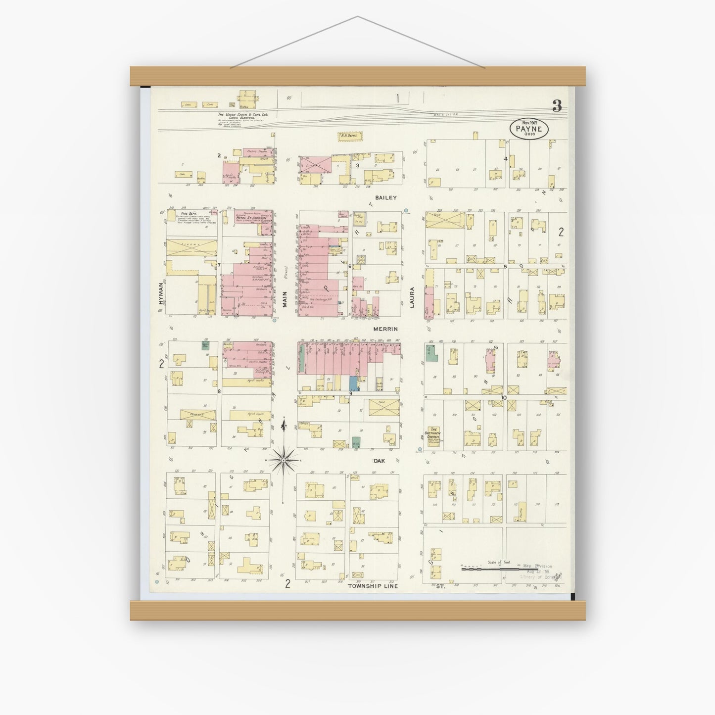 Old map wall art mockup — magnetic wood frame on white wall — Sanborn Fire Insurance Map from Payne, Paulding County, Ohio (1907), Sheet #0003