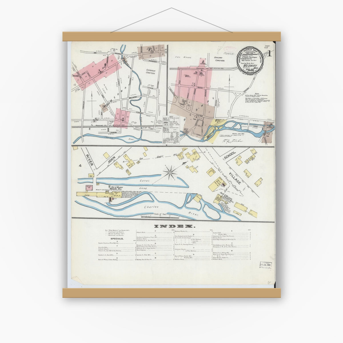Old map wall art mockup — magnetic wood frame on white wall — Sanborn Fire Insurance Map from Medway, Norfolk County, Massachusetts (1892), Sheet #0001