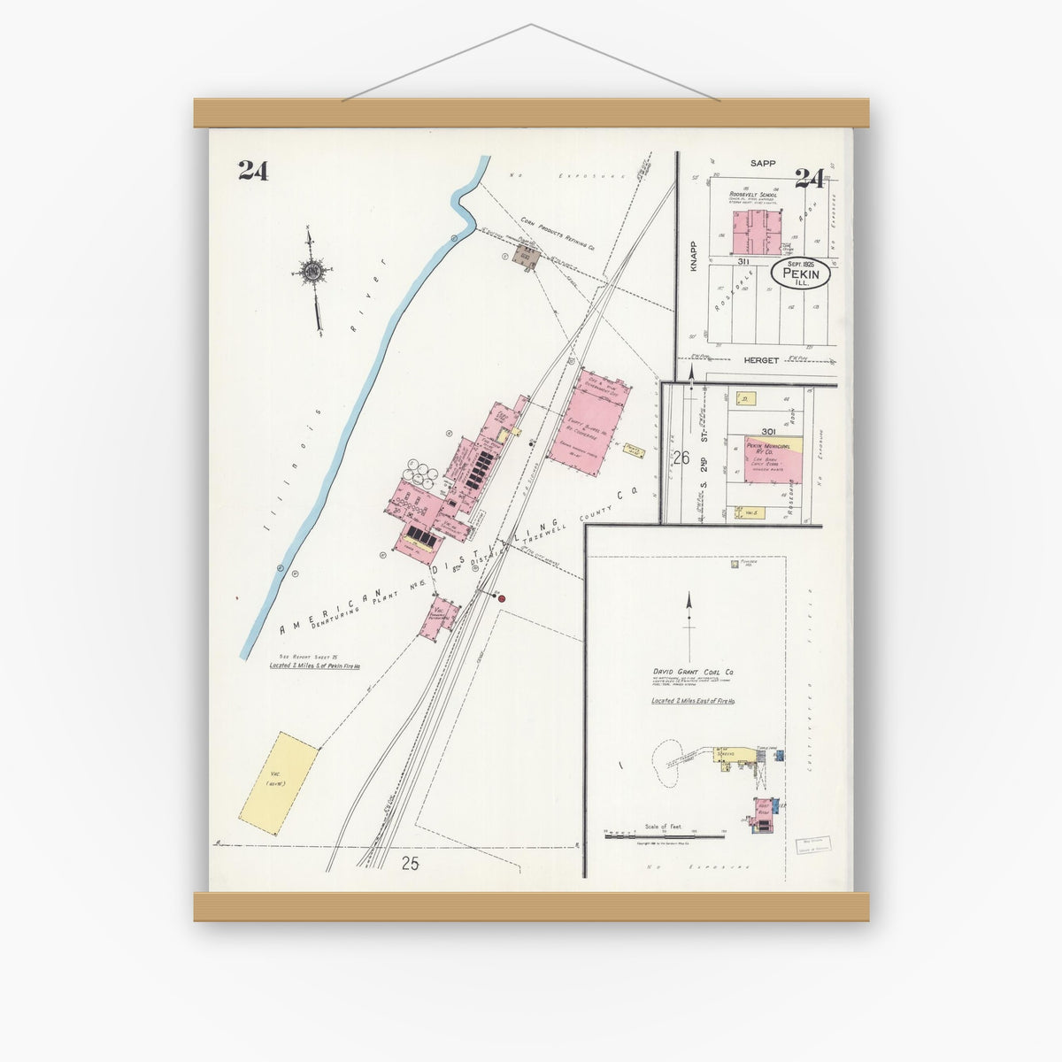 Old map wall art mockup — magnetic wood frame on white wall — Sanborn Fire Insurance Map from Pekin, Tazewell County, Illinois (1925), Sheet #0024