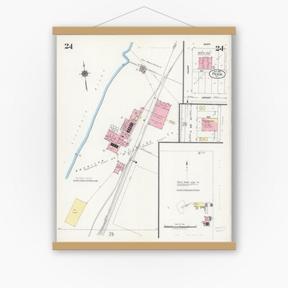 Old map wall art mockup — magnetic wood frame on white wall — Sanborn Fire Insurance Map from Pekin, Tazewell County, Illinois (1925), Sheet #0024