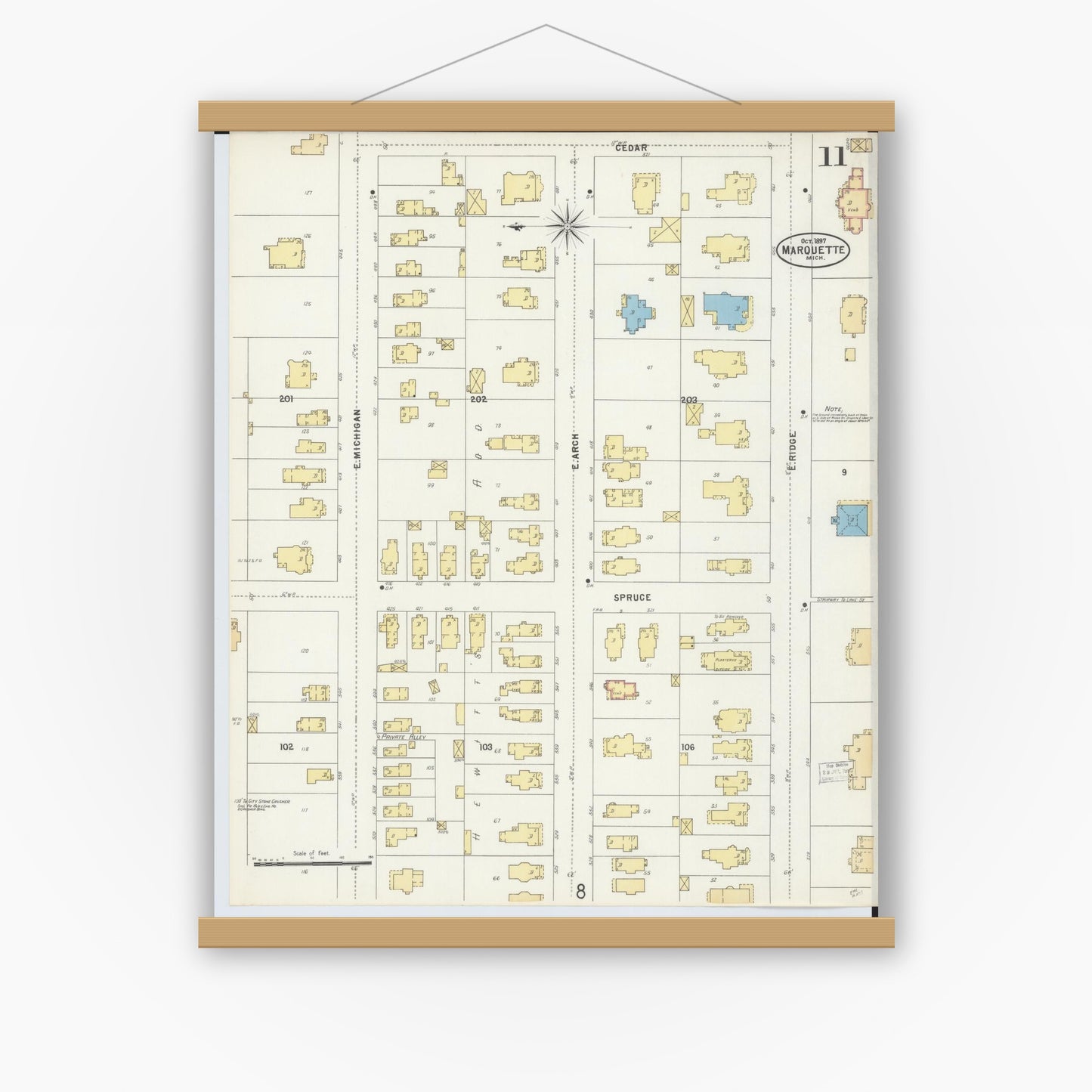 Old map wall art mockup — magnetic wood frame on white wall — Sanborn Fire Insurance Map from Marquette, Marquette County, Michigan (1897), Sheet #0011