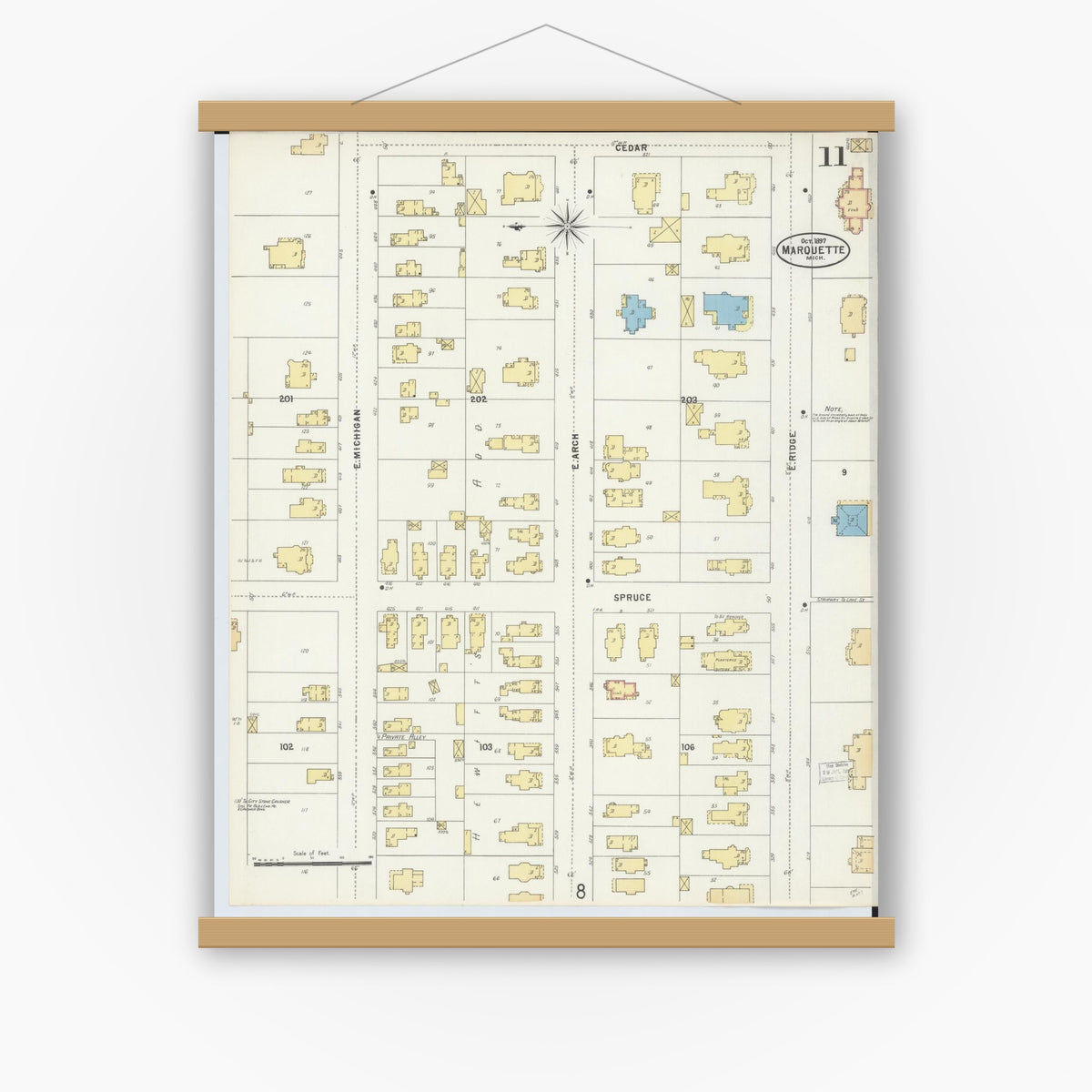 Old map wall art mockup — magnetic wood frame on white wall — Sanborn Fire Insurance Map from Marquette, Marquette County, Michigan (1897), Sheet #0011