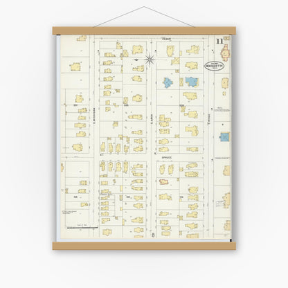 Old map wall art mockup — magnetic wood frame on white wall — Sanborn Fire Insurance Map from Marquette, Marquette County, Michigan (1897), Sheet #0011