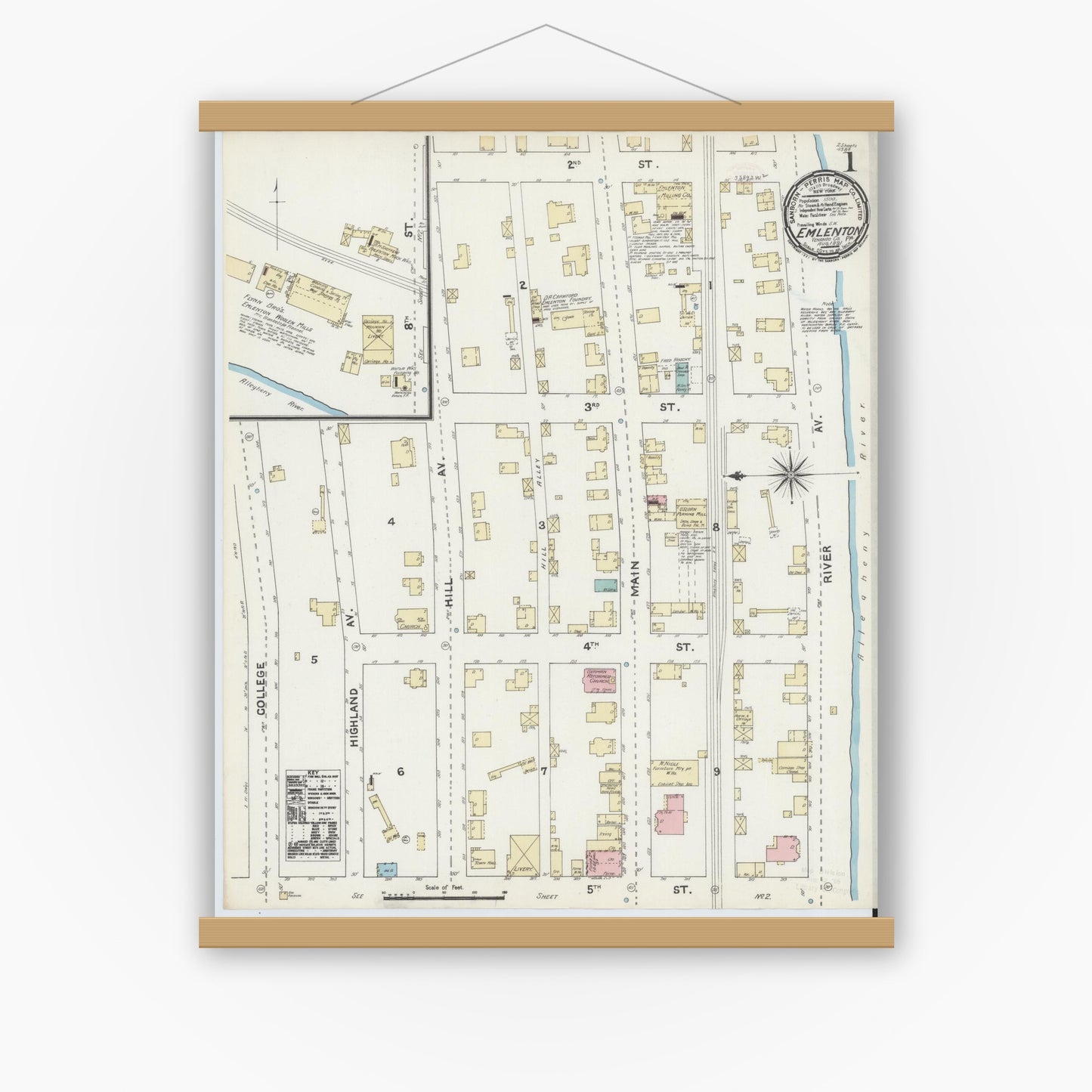 Old map wall art mockup — magnetic wood frame on white wall — Sanborn Fire Insurance Map from Emlenton, Venango County, Pennsylvania (1891) - Complete Map Set
