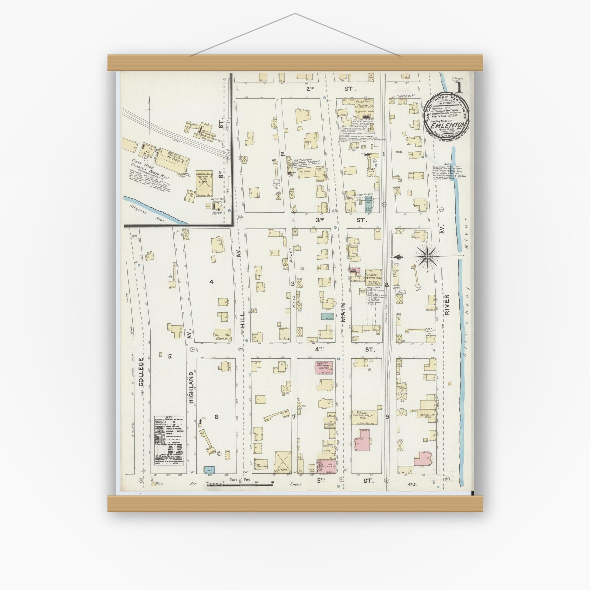 Old map wall art mockup — magnetic wood frame on white wall — Sanborn Fire Insurance Map from Emlenton, Venango County, Pennsylvania (1891) - Complete Map Set