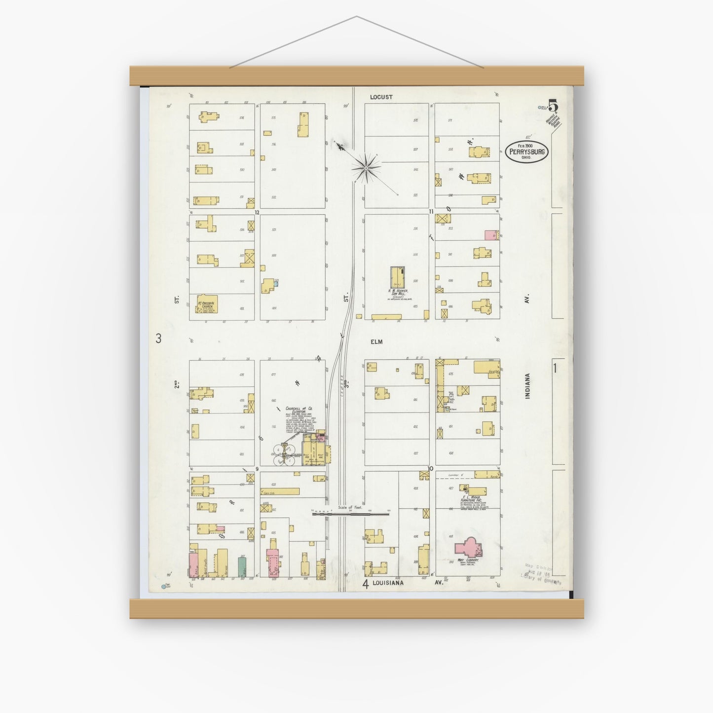 Old map wall art mockup — magnetic wood frame on white wall — Sanborn Fire Insurance Map from Perrysburg, Wood County, Ohio (1900), Sheet #0005