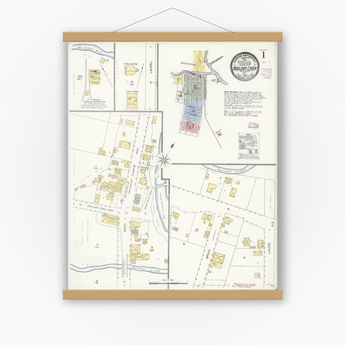 Old map wall art mockup — magnetic wood frame on white wall — Sanborn Fire Insurance Map from Boulder Creek, Santa Cruz County, California (1908), Sheet #0001