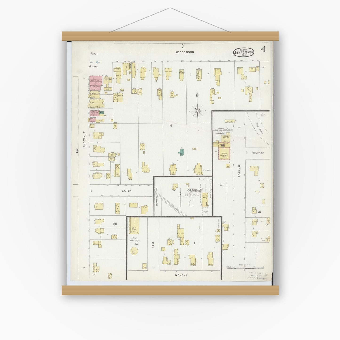 Old map wall art mockup — magnetic wood frame on white wall — Sanborn Fire Insurance Map from Jefferson, Ashtabula County, Ohio (1896), Sheet #0004