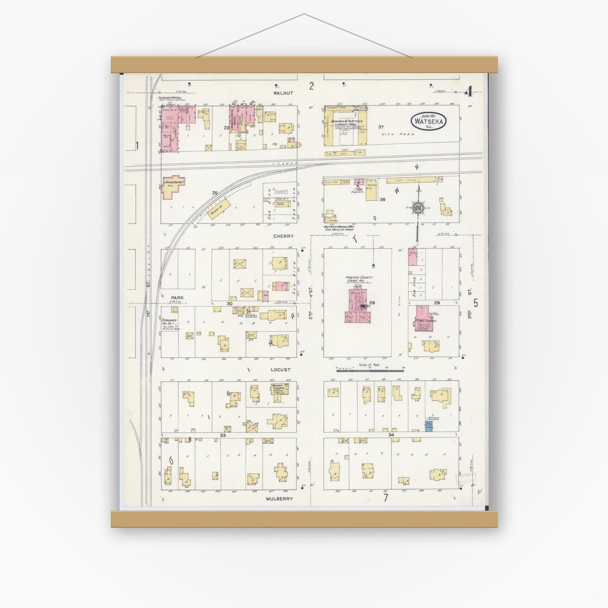 Old map wall art mockup — magnetic wood frame on white wall — Sanborn Fire Insurance Map from Watseka, Iroquois County, Illinois (1911), Sheet #0004