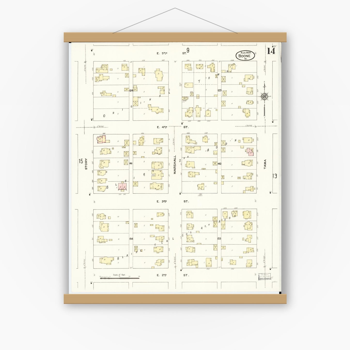 Old map wall art mockup — magnetic wood frame on white wall — Sanborn Fire Insurance Map from Boone, Boone County, Iowa (1909), Sheet #0014