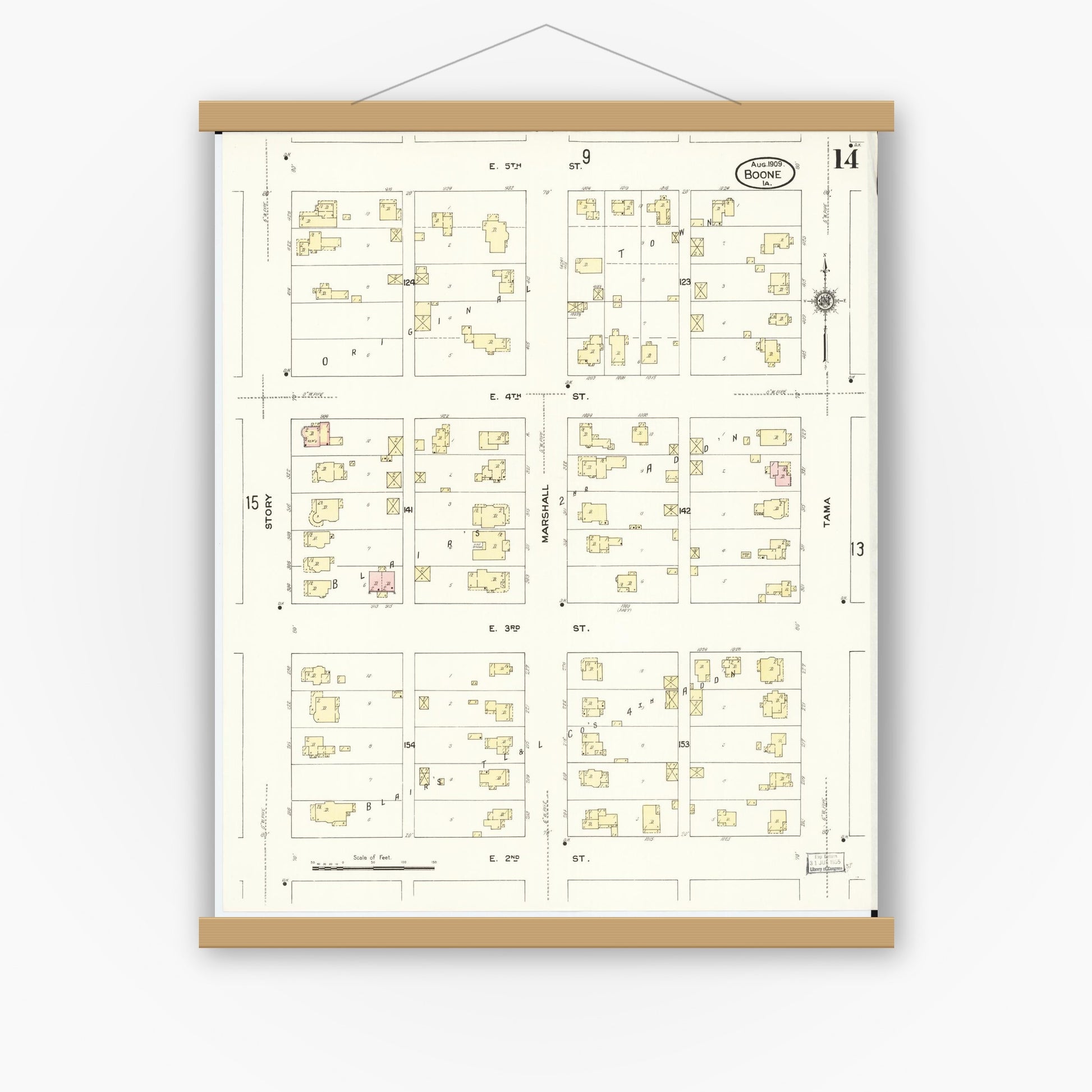 Old map wall art mockup — magnetic wood frame on white wall — Sanborn Fire Insurance Map from Boone, Boone County, Iowa (1909), Sheet #0014